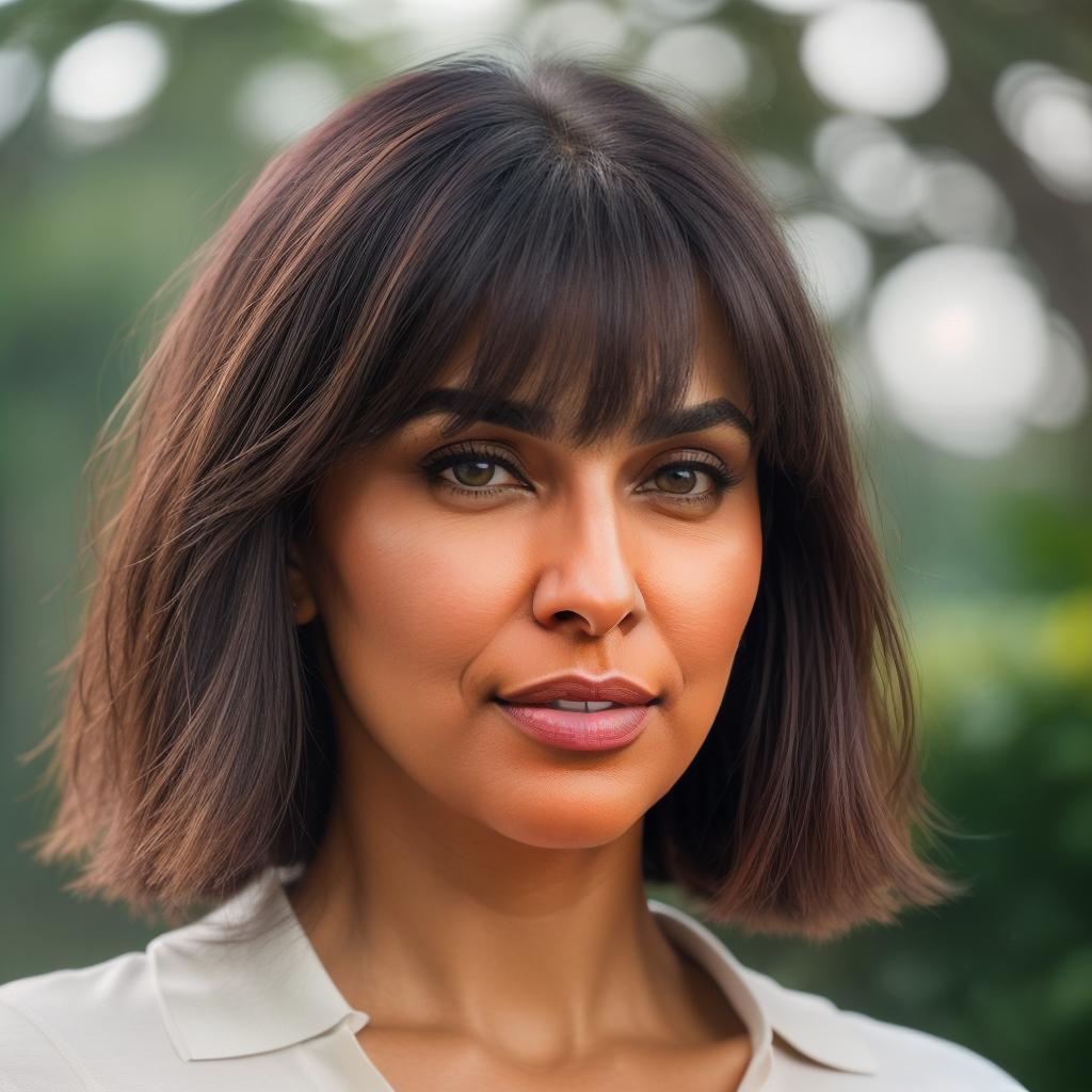  (((realistic full torso frontal head shot of a light brown to medium brown skin tone woman))), diya sana rao, ((indian heritage)), mature face, blue eye color, ((bangs hair style)), (( hair color)), ((curvy body type)), big size, athletic size, (mature broad flat nose), (mature high cheekbones), (mature soft jawline), (mature medium lips), (mature prominent forehead), (mature symmetrical face), (mature arched eyebrows), standing straight looking directly into the camera,((wearing fitted polo shirt with deep v neck and monogrammed pocket)), backyard in background, 1girl, best quality, highest quality, award winning photo, masterpiece, raw, professional photography, photorealism, sharp focus, cinematic, high resolutio hyperrealistic, full body, detailed clothing, highly detailed, cinematic lighting, stunningly beautiful, intricate, sharp focus, f/1. 8, 85mm, (centered image composition), (professionally color graded), ((bright soft diffused light)), volumetric fog, trending on instagram, trending on tumblr, HDR 4K, 8K