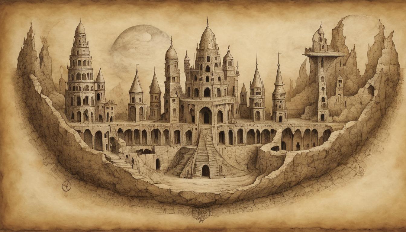  on parchment, surrealism++, a constructed edifice of dreams, intricately detailed and glowing, built upon ruins, enduring aspirations, realized potential(mysterious, provocative, symbolic)++