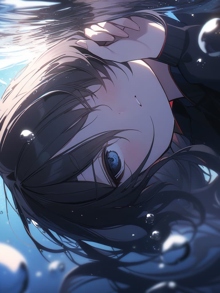  girl, underwater, black hair, masterpiece, best quality,8k,ultra detailed,high resolution,an extremely delicate and beautiful,hyper detail