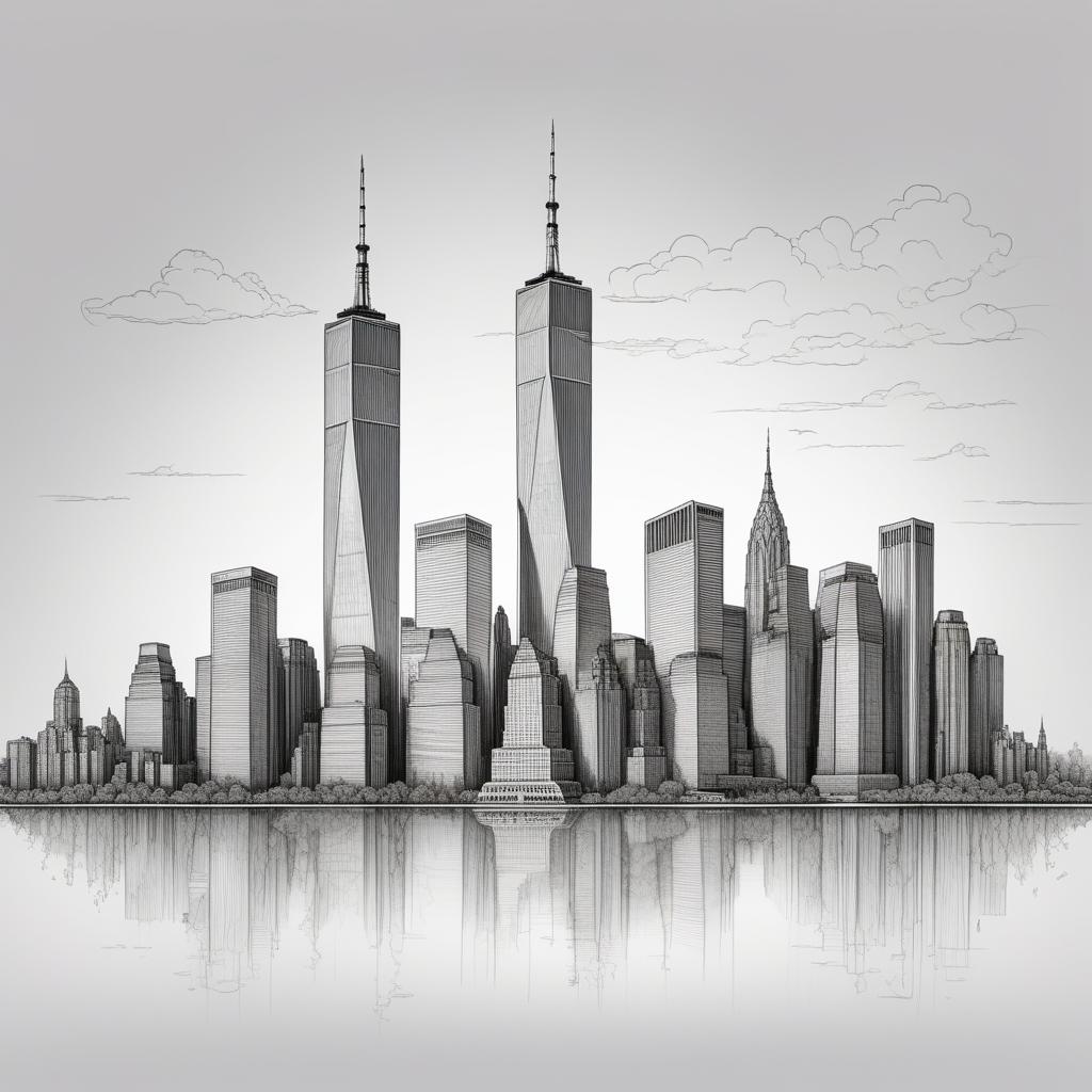  A single, continuous line drawing of the Manhattan skyline with the Twin Towers, simplified and minimalistic. The picture should be drawn using one connected, unbroken line with fewer details. hyperrealistic, full body, detailed clothing, highly detailed, cinematic lighting, stunningly beautiful, intricate, sharp focus, f/1. 8, 85mm, (centered image composition), (professionally color graded), ((bright soft diffused light)), volumetric fog, trending on instagram, trending on tumblr, HDR 4K, 8K