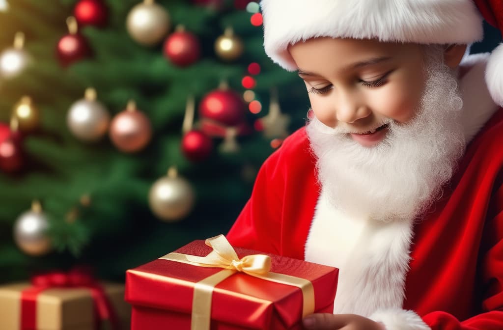  An Asian child against the background of a New Year tree takes a beautifully wrapped gift from the hands of Santa Claus. Close up, a child smiles and looks at Santa Claus, Santa Claus at a child ar 3:2 high quality, detailed intricate insanely detailed, flattering light, RAW photo, photography, photorealistic, ultra detailed, depth of field, 8k resolution , detailed background, f1.4, sharpened focus