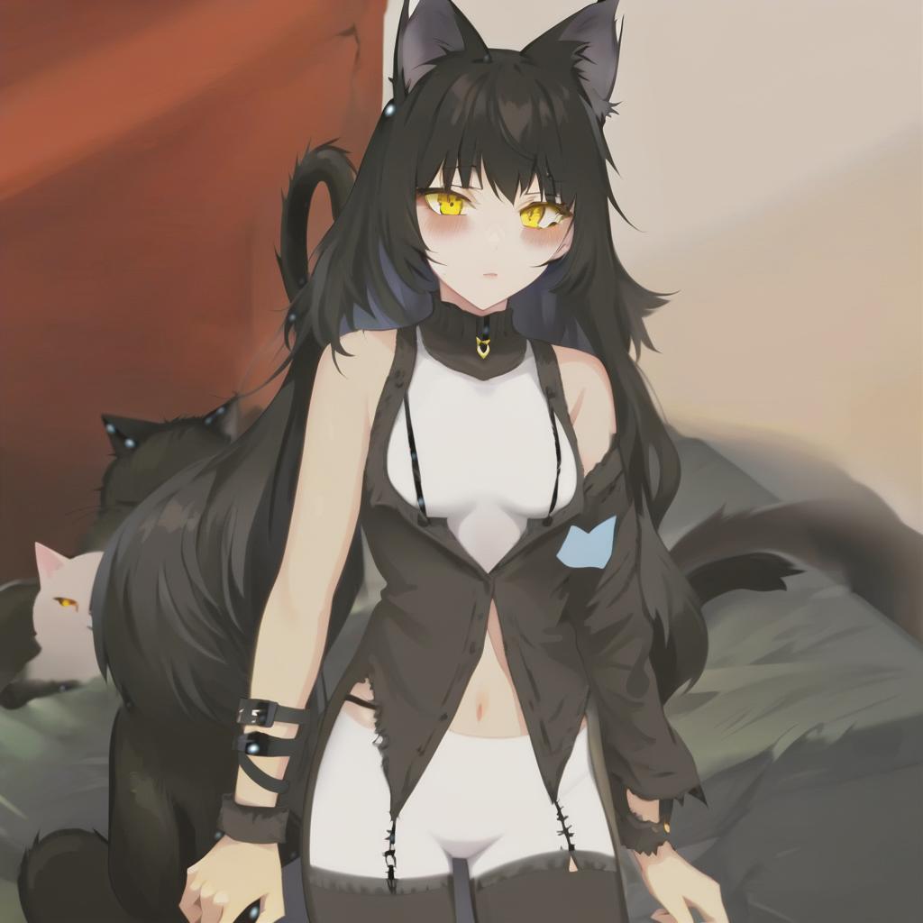  torn clothes, wild look, black hair, black cat ears, yellow eyes