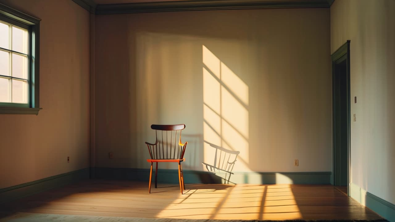  a stark, empty room showcasing a single chair and bare walls, with shadows highlighting the loneliness. a cluttered corner signifies hidden chaos, contrasting with the minimalist aesthetic, evoking feelings of isolation and emptiness. hyperrealistic, full body, detailed clothing, highly detailed, cinematic lighting, stunningly beautiful, intricate, sharp focus, f/1. 8, 85mm, (centered image composition), (professionally color graded), ((bright soft diffused light)), volumetric fog, trending on instagram, trending on tumblr, HDR 4K, 8K