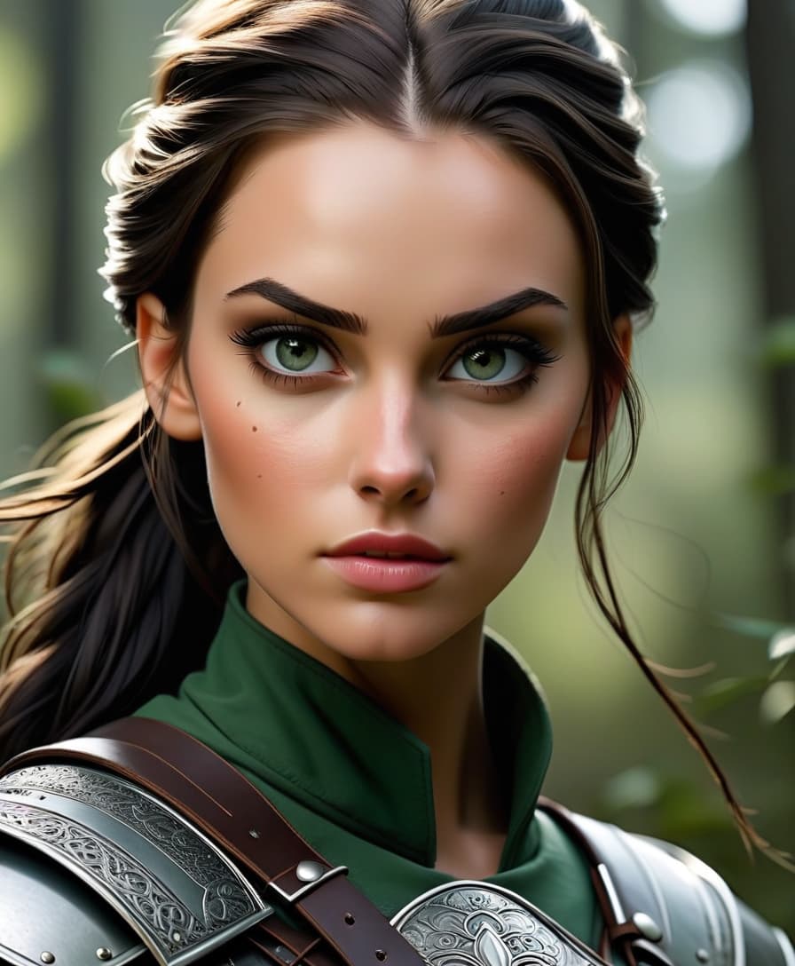  cinematic photo create a highly detailed portrait of a young female warrior with striking features. she has a slender, angular face with high cheekbones and a sharp jawline. her skin is fair and smooth, with a few faint scars on her left cheek, hinting at her battle hardened experience. her eyes are almond shaped and a deep, piercing green, giving her an intense, focused expression. her gaze is serious, almost stern, reflecting her determination and inner strength. her eyebrows are dark and well defined, arching slightly to add to her determined look. her hair is dark brown, almost black, and is cut short, framing her face in a slightly tousled style. a small section of her hair is tied back with a thin, silver circlet adorned with a dark