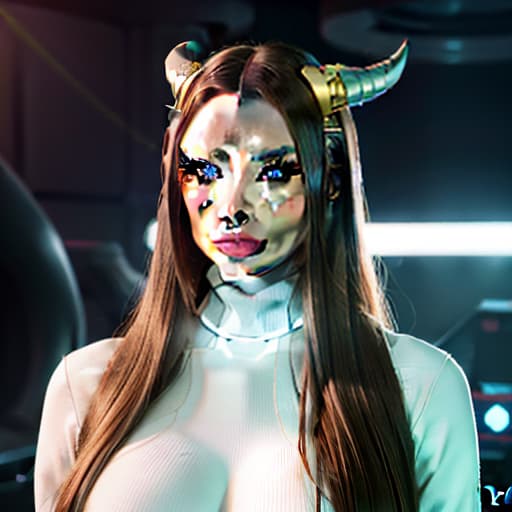  A photo of a very beautiful young robot girl with long light brown hair, blue eyes, and horns on her head. Her makeup is with graphic arrows. She is wearing a white turtleneck, a yellow and red striped scarf, and is on a retro spaceship with retro robots in the background. hyperrealistic, full body, detailed clothing, highly detailed, cinematic lighting, stunningly beautiful, intricate, sharp focus, f/1. 8, 85mm, (centered image composition), (professionally color graded), ((bright soft diffused light)), volumetric fog, trending on instagram, trending on tumblr, HDR 4K, 8K