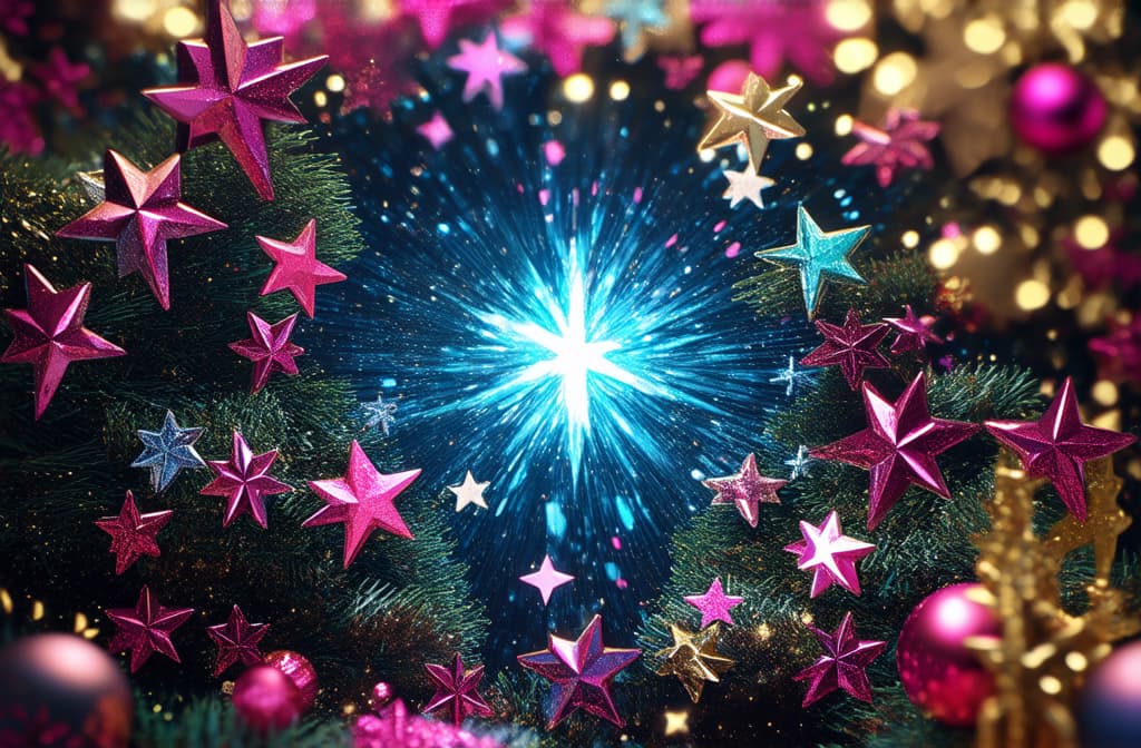  epic realistic, hyperdetailed, (cycles render:1.3), caustics, (glossy:0.58), (artstation:0.82),beautiful festive background with magic stars, pink and golden colors ar 3:2