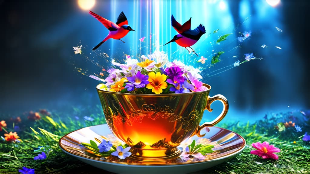  tea cup filled with flowers, mystical birds, fantasy, morning ray breaks through the haze of darkness, amazing blending effect, hyper detailed explosion of flowers, eye level view, magic in the air, beautiful compositions, early morning, complex composition, 3d magic details, magical vibes, mystical energy in the air, amazing composition, magical mood, detailing ar 16:9 {prompt}, maximum details