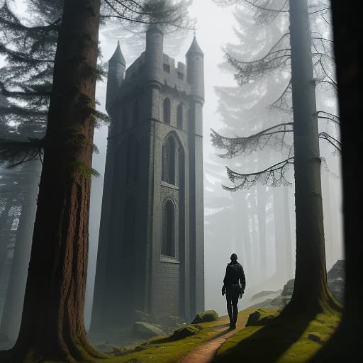  Against a menacing forest stands a tall lone tower, surrounding the tower are medieval stone walls of moderate height. hyperrealistic, full body, detailed clothing, highly detailed, cinematic lighting, stunningly beautiful, intricate, sharp focus, f/1. 8, 85mm, (centered image composition), (professionally color graded), ((bright soft diffused light)), volumetric fog, trending on instagram, trending on tumblr, HDR 4K, 8K