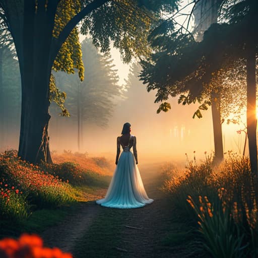  a serene forest glade (glade:1.3) at dawn, with soft mist rising from the ground, surrounded by towering ancient trees and vibrant wildflowers, in a highly detailed digital painting style (digital:1.2), featuring a warm color palette with golden sunlight filtering through the leaves, 4k resolution, emphasizing tranquility and natural beauty, negative prompt: urban elements, artificial structures, harsh lighting. hyperrealistic, full body, detailed clothing, highly detailed, cinematic lighting, stunningly beautiful, intricate, sharp focus, f/1. 8, 85mm, (centered image composition), (professionally color graded), ((bright soft diffused light)), volumetric fog, trending on instagram, trending on tumblr, HDR 4K, 8K