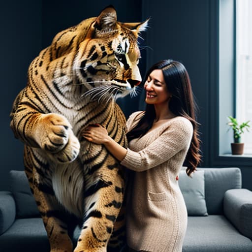  a big cat hugs a cute girl in the living room,pokemon hyperrealistic, full body, detailed clothing, highly detailed, cinematic lighting, stunningly beautiful, intricate, sharp focus, f/1. 8, 85mm, (centered image composition), (professionally color graded), ((bright soft diffused light)), volumetric fog, trending on instagram, trending on tumblr, HDR 4K, 8K