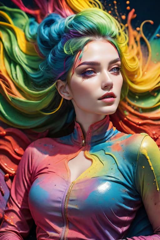  photo of a beautiful goth with flowing (liquid paint rainbow hair:1.1) laying on her back made of paint and defies gravity, from above, highly detailed, intricate, amazing, trending, paint splatter, paint drops <lora:sdxlpaintsplash:0.7> colorsplash 8k, high quality, photo hyperrealistic, full body, detailed clothing, highly detailed, cinematic lighting, stunningly beautiful, intricate, sharp focus, f/1. 8, 85mm, (centered image composition), (professionally color graded), ((bright soft diffused light)), volumetric fog, trending on instagram, trending on tumblr, HDR 4K, 8K