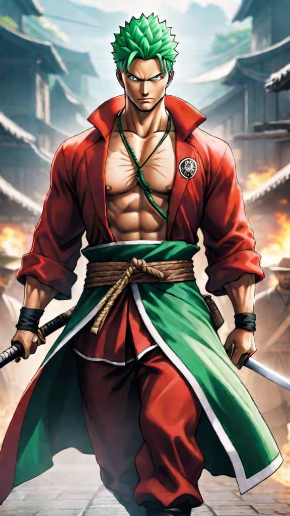  anime art: zoro unveils asura's spectral aura with three faces and six arms in battle. hyperrealistic, full body, detailed clothing, highly detailed, cinematic lighting, stunningly beautiful, intricate, sharp focus, f/1. 8, 85mm, (centered image composition), (professionally color graded), ((bright soft diffused light)), volumetric fog, trending on instagram, trending on tumblr, HDR 4K, 8K