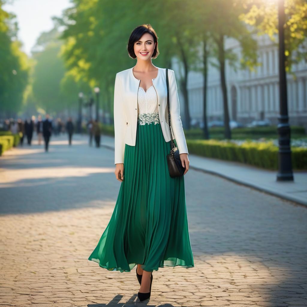  morning park, beautiful elegant girl, green long dress with lace in front, white jacket, small city white backpack, short black hair, light skin, glowing bright blue eyes, pleasant smile, full height, professional photo, high resolution, high detail hyperrealistic, full body, detailed clothing, highly detailed, cinematic lighting, stunningly beautiful, intricate, sharp focus, f/1. 8, 85mm, (centered image composition), (professionally color graded), ((bright soft diffused light)), volumetric fog, trending on instagram, trending on tumblr, HDR 4K, 8K