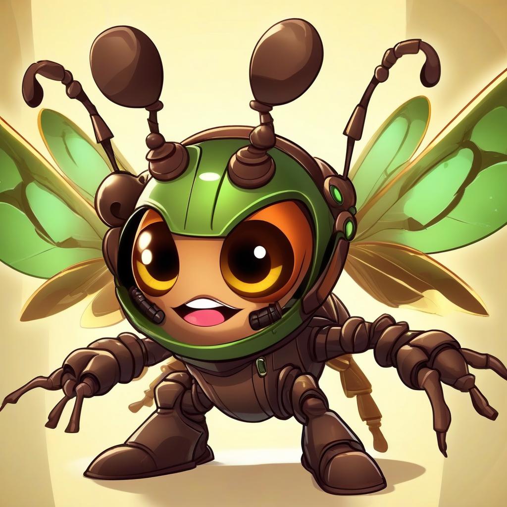  cute cartoon insect beetle character with a green body, big expressive eyes and a smile on his lips. on his head he has a huge brown helmet with goggles, giving him an adventurous look. the insect beetle stands confidently holding a blaster, he has graceful wings and long tendrils. the background is simple and bright inside the starship to emphasize the charm of the funny character with the weapon.