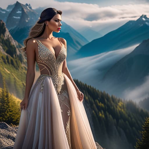  very luxury woman wearing dress mountain majesty hyperrealistic, full body, detailed clothing, highly detailed, cinematic lighting, stunningly beautiful, intricate, sharp focus, f/1. 8, 85mm, (centered image composition), (professionally color graded), ((bright soft diffused light)), volumetric fog, trending on instagram, trending on tumblr, HDR 4K, 8K