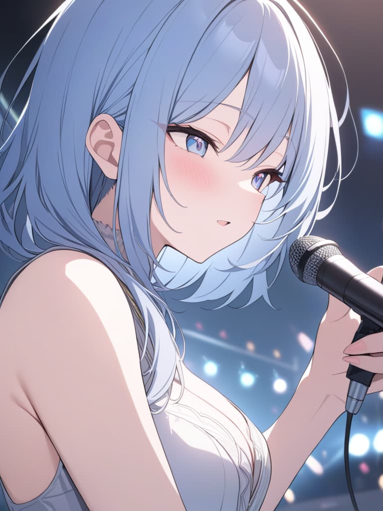  light blue hair, light blue, bob hair, singer, very popular, outdoor live, microphone, penlight, masterpiece, best quality,8k,ultra detailed,high resolution,an extremely delicate and beautiful,hyper detail