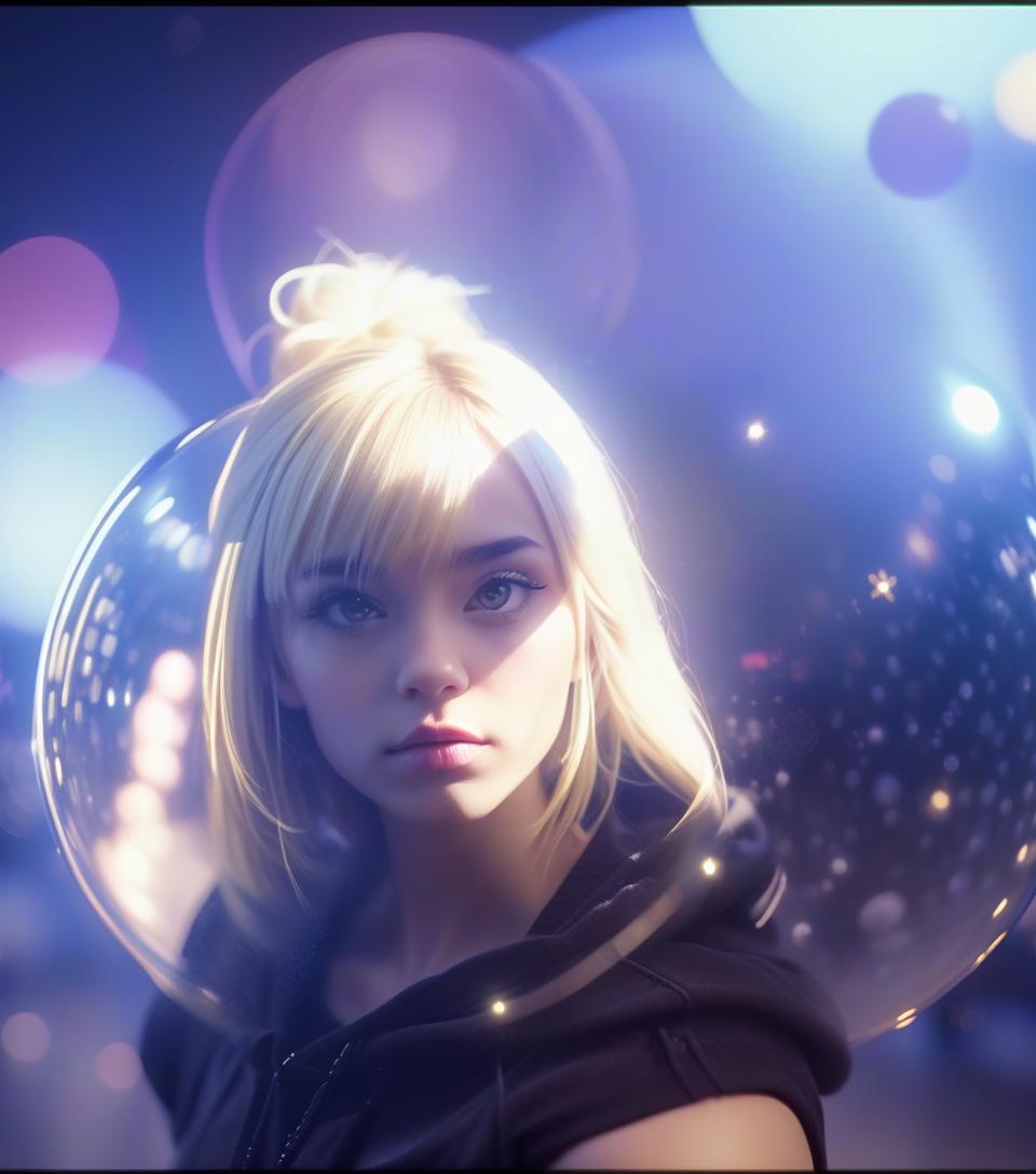  cinematic photo the girl is blonde, in a black top and hood, against the background of magic balls. . 35mm photograph, film, bokeh, professional, 4k, highly detailed, perfecteyes, hkmagic, glowneon