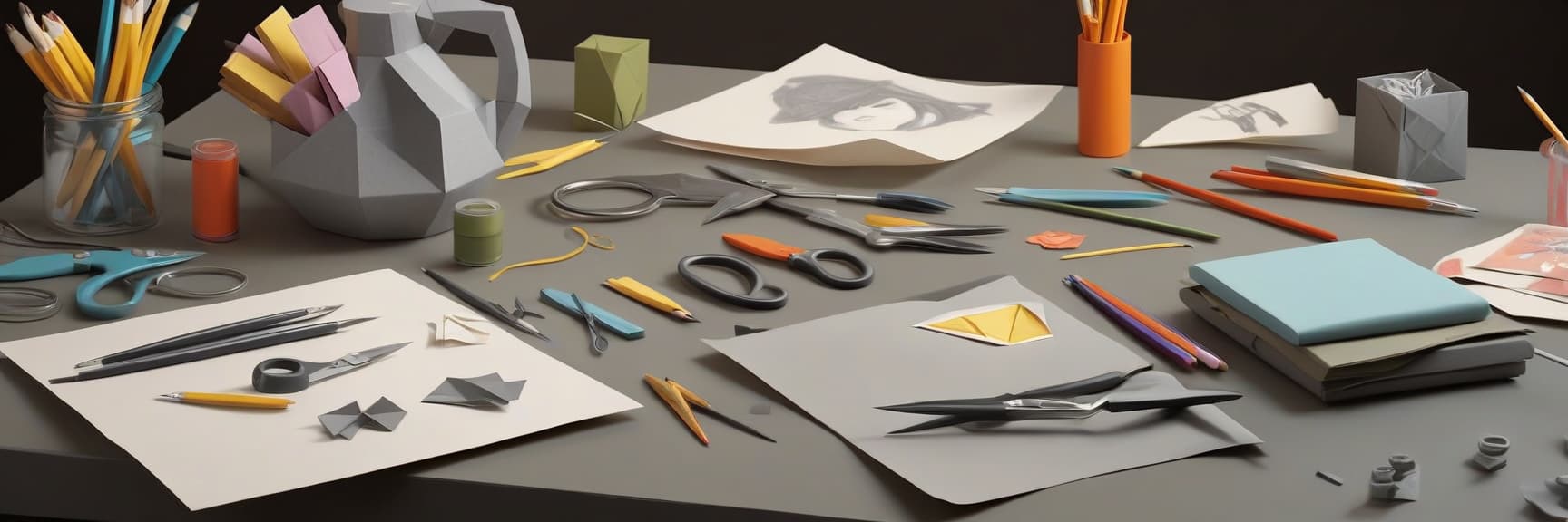  concept art grey table, pencils, brushes, scissors, paper, origami, paper crafts . digital artwork, illustrative, painterly, matte painting, highly detailed