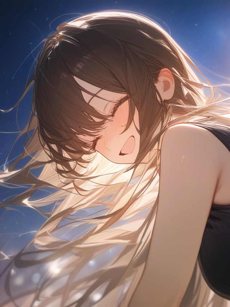  under the starry sky, a girl laughing and laughing, bright brown hair, transparent fleeting, black sleeveless dress, a white cardigan, masterpiece, best quality,8k,ultra detailed,high resolution,an extremely delicate and beautiful,hyper detail