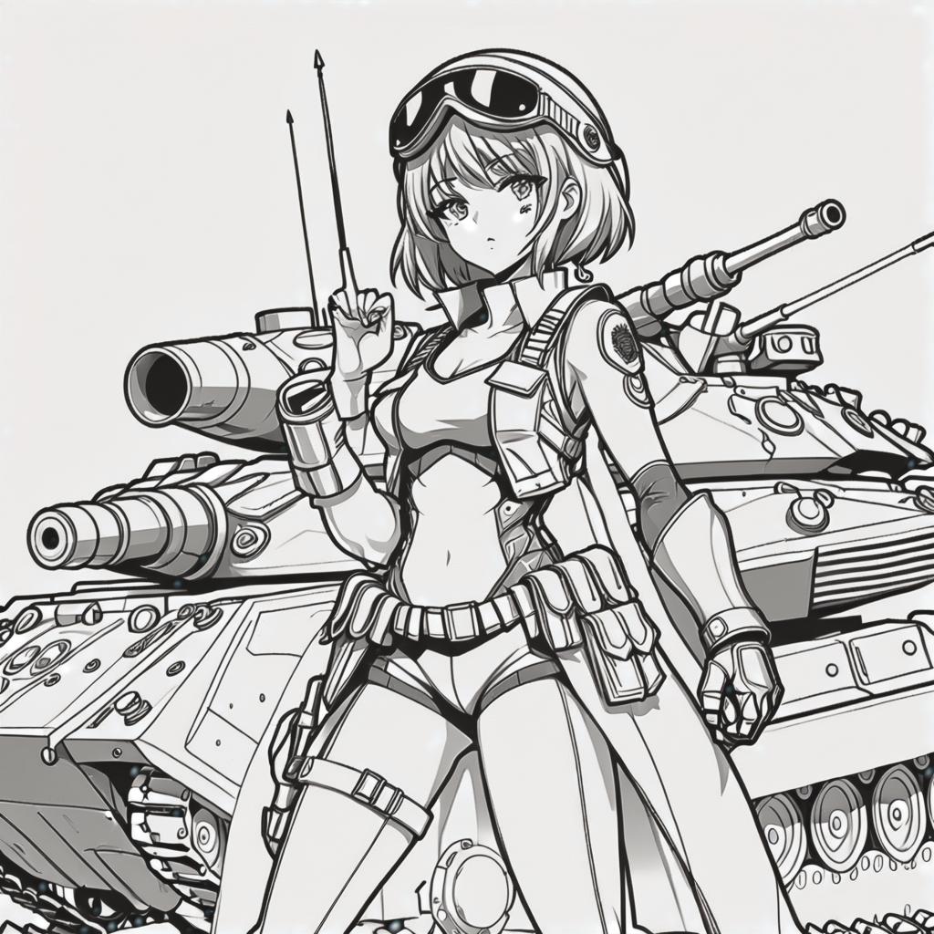  line art drawing tank commander girl, battle stance, same nightmare. anime style . professional, sleek, modern, minimalist, graphic, line art, vector graphics