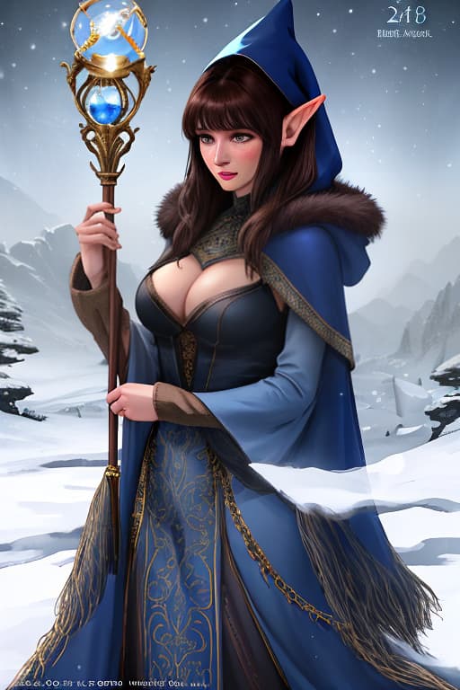  Cover of a fantasy book about a young witch with dark brown hair, bangs, dark eyes, a nose with a hump, freckles on her cheeks, and pointed ears. She is in a blue robe of a magician with a fur mantle, wearing a hood. In her hands, she holds a staff with a round glass ball on top. In the background is a snowy landscape from Skyrim. hyperrealistic, full body, detailed clothing, highly detailed, cinematic lighting, stunningly beautiful, intricate, sharp focus, f/1. 8, 85mm, (centered image composition), (professionally color graded), ((bright soft diffused light)), volumetric fog, trending on instagram, trending on tumblr, HDR 4K, 8K