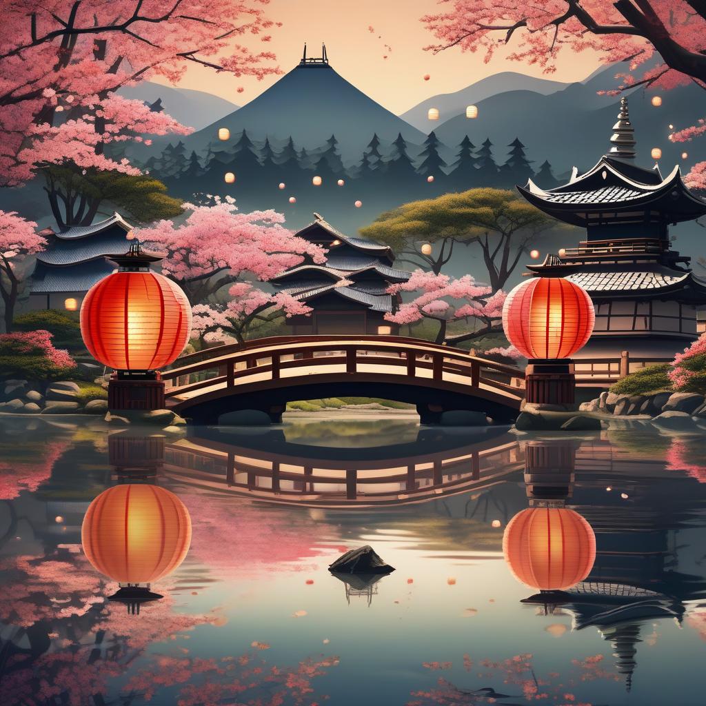  masterpiece, best quality, (fidelity:1.4), best quality, masterpiece, ultra high resolution, 8k resolution, night view inspired by Japanese art, featuring a garden illuminated by paper lanterns and a wooden bridge spanning a tranquil lake with a small Zen temple beside the lake.