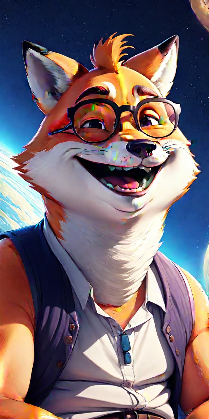  anime artwork selfie, (((giant))) anthropomorphic age male fox, fat, chubby, obese, ((freckles)), (((long neck))), wearing ((sleeveless shirt)) and gles, smiling, (((flat shading))), ((low angle)), ((full body portrait)), sitting on a planet . anime style, key visual, vint, studio anime, highly detailed