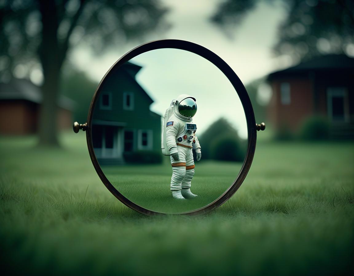  cinematic film still a mirror , on one side is space and an astronaut , on the other side of the mirror is a house and the grass is green . shallow depth of field, vignette, highly detailed, high budget, bokeh, cinemascope, moody, epic, gorgeous, film grain, grainy