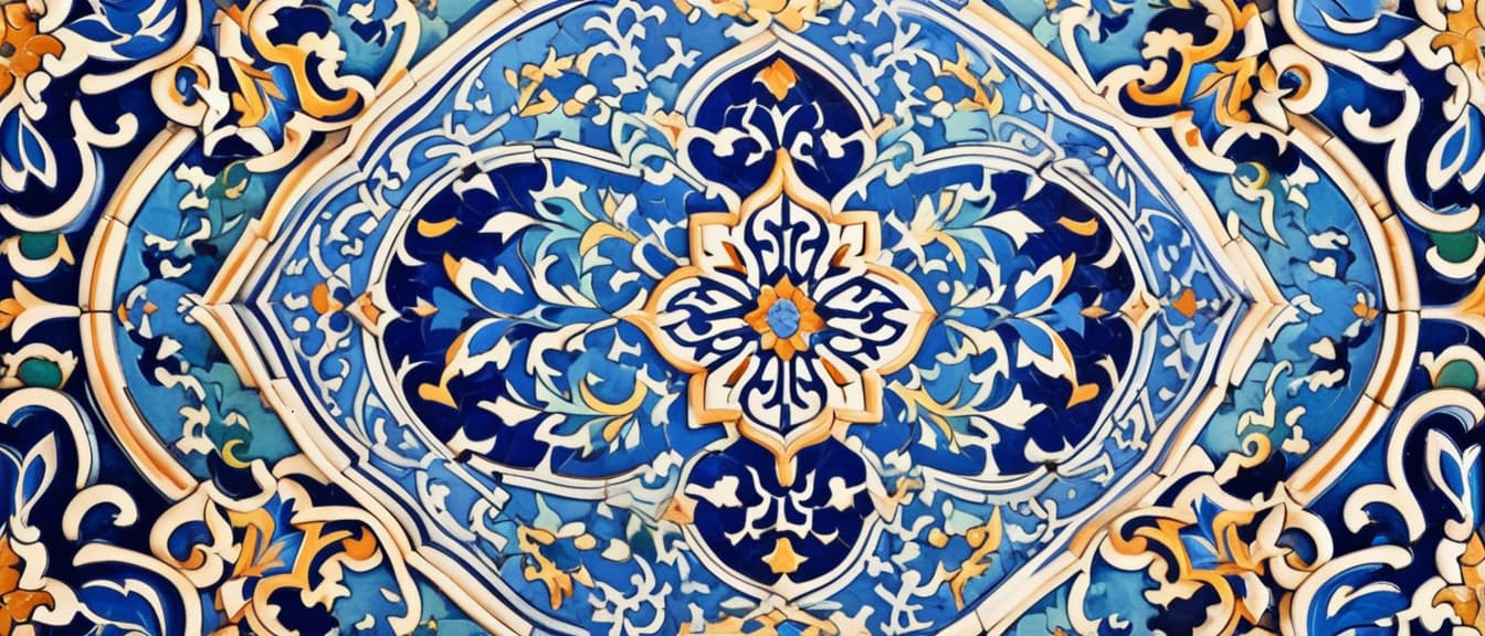 Tiled background with oriental ornaments. Blue Islamic tile wallpaper or mural background. High quality