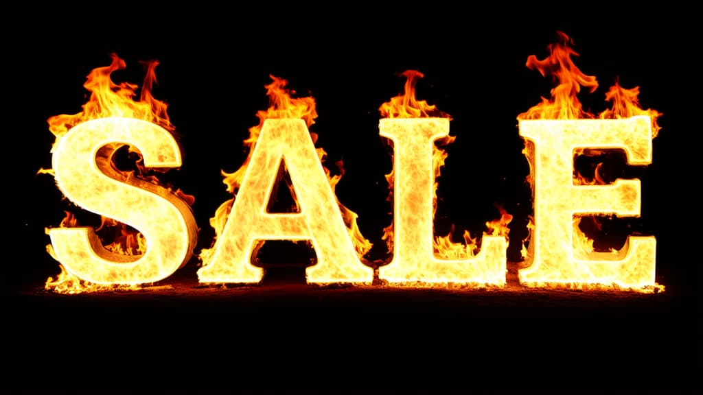  professional detailed photography, text "sale" in letters burning in fire. black background ar 16:9, (muted colors, dim colors, soothing tones), (vsco:0.3)