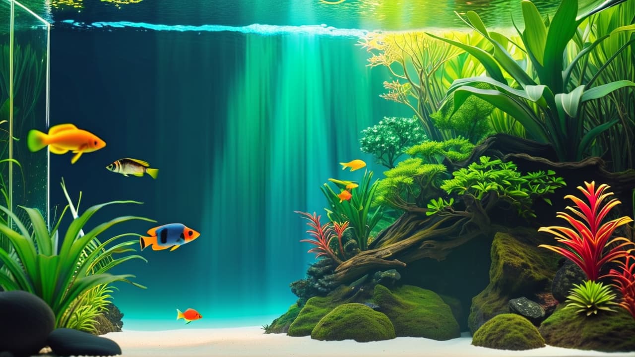  a serene aquascape featuring vibrant tropical fish swimming among lush green plants, with soft, ambient lighting creating a calming atmosphere. a person sits peacefully nearby, gazing into the tank, embodying tranquility and mindfulness. hyperrealistic, full body, detailed clothing, highly detailed, cinematic lighting, stunningly beautiful, intricate, sharp focus, f/1. 8, 85mm, (centered image composition), (professionally color graded), ((bright soft diffused light)), volumetric fog, trending on instagram, trending on tumblr, HDR 4K, 8K