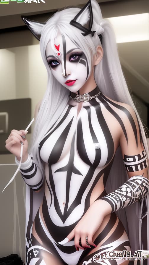  Silver Chessboard check body paint in every corner of the body, White body paint all over the body,White face paint on the face, Dark elf 女性