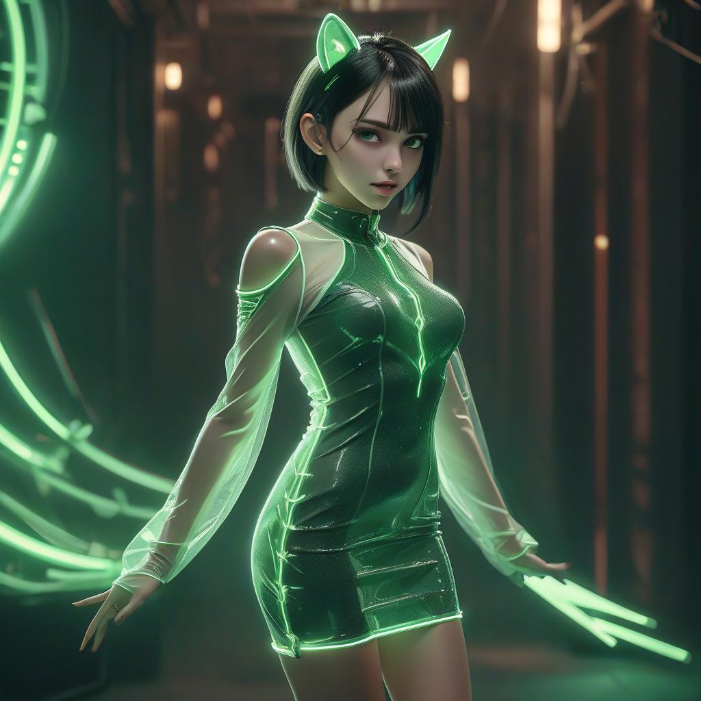  breathtaking beautiful brunette with green skin and sharp ears in a short translucent dress . award winning, professional, highly detailed, hkmagic, glowneon