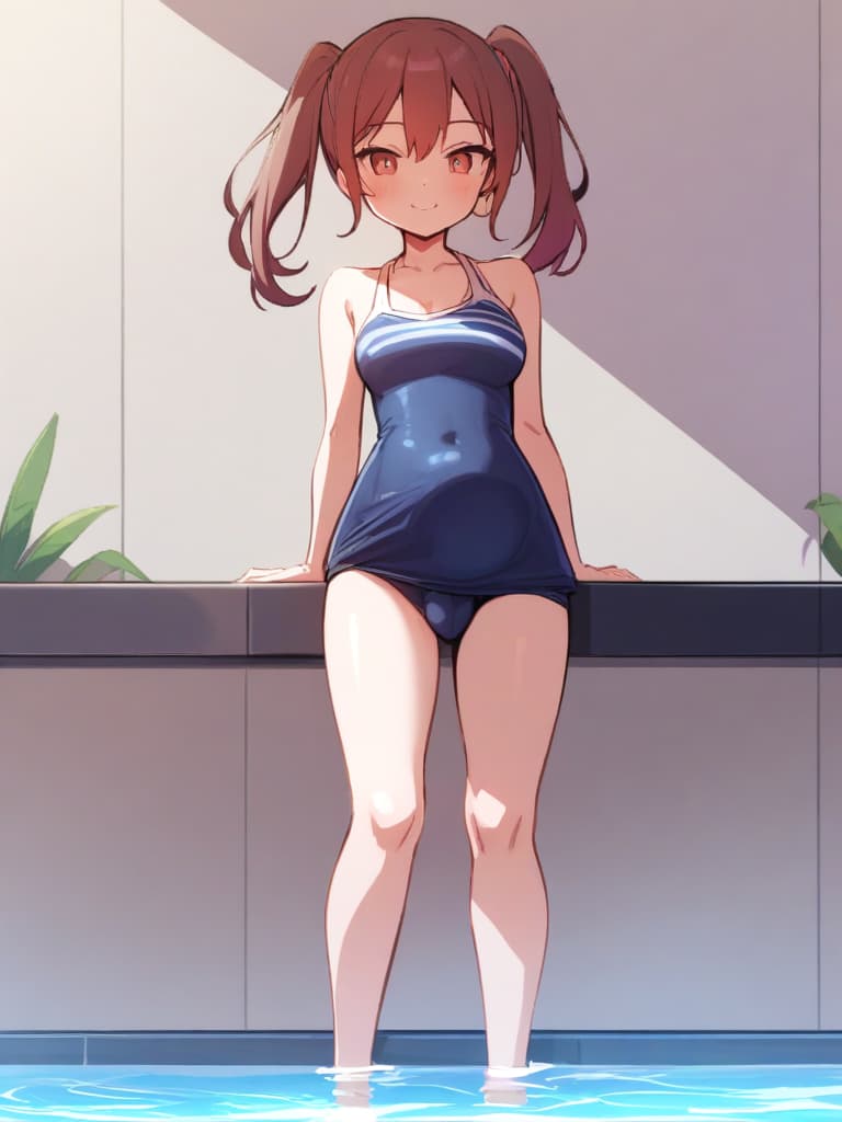  women's elementary students (with male), twin tails, cute smiles, rich s, short stature, dark blue swimwear, old swimwear, swimwear, simple, (swelling), upward, (bulge), front, whole body, pool side,