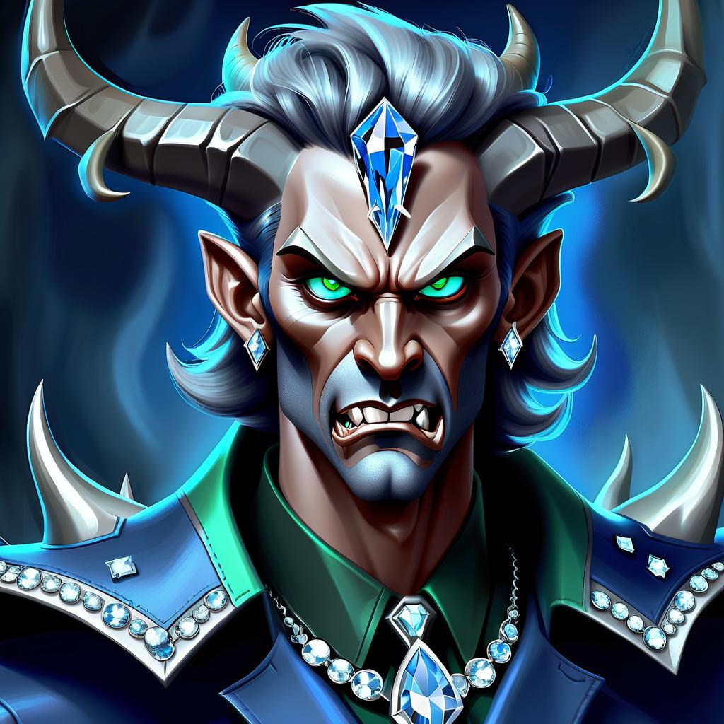  concept art diamond devil, portrait. dark green eyes, man. kind. hair gray. with fangs and horns. colors blue, blue, silver . digital artwork, illustrative, painterly, matte painting, highly detailed