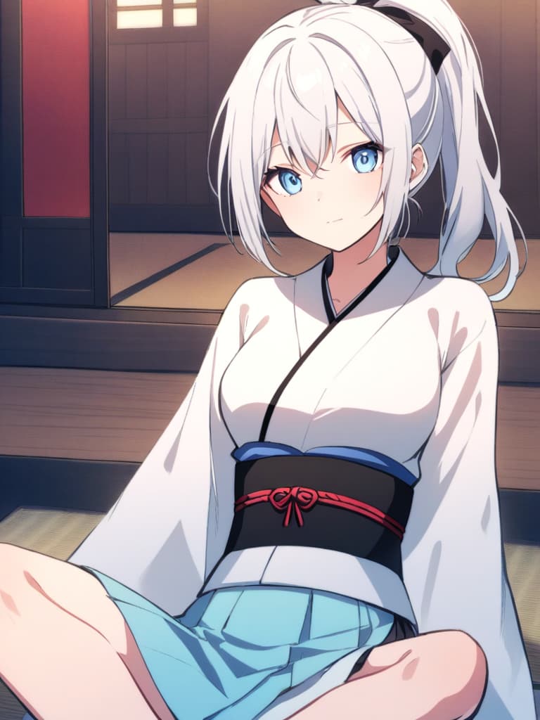  white hair,pony tail,girl,japanese style,light blue eyes,