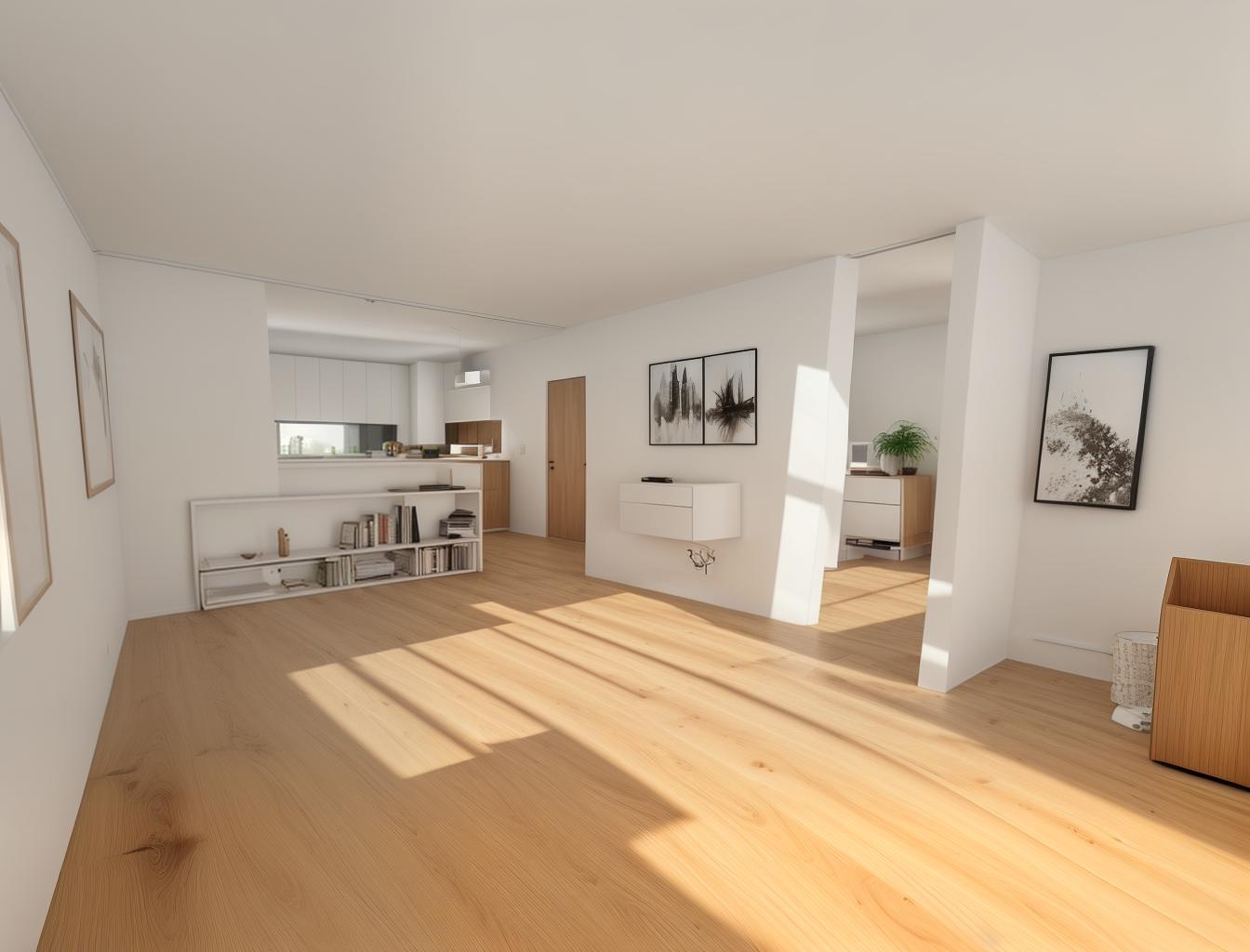  produce a photorealistic rendering of a minimalist living room with a wooden floor. the space should feature a simple, modern sofa as the focal point, with clean lines and neutral colors that complement the natural wood grain of the flooring.