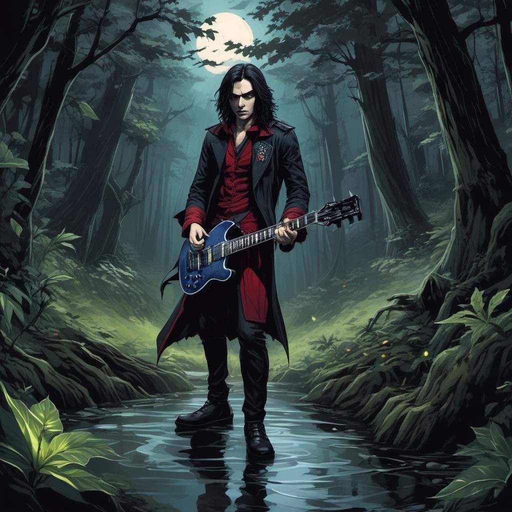  un vampire guitare hero dans une forêt hantée , comic style, manga and manhwa style, painting style