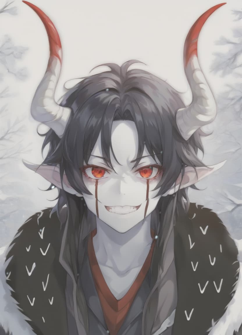  anime artwork man demon, red horns, red eyes, black long hair, winter clothes . anime style, key visual, vibrant, studio anime, highly detailed, sticker