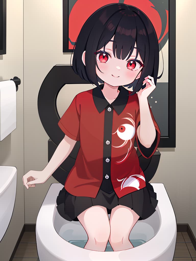  hanako in the toilet, black bob, toilet, dubious atmosphere, youkai, red white shirt, bewitching smile, masterpiece, best quality,8k,ultra detailed,high resolution,an extremely delicate and beautiful,hyper detail