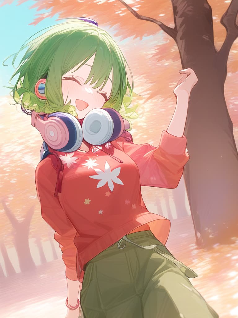  (((green short hair:1.5))),(((headphone around the neck:2.0))),very loud laugh,(((very joy:1.8))),(pastel red brown color palette:1.3),(pastel red hoodie with white maple tree print:1.4),(brown cargo pants:1.2),white sneakers,(red maple tree cap:1.1),(red and brown brown bracelet:1.1)