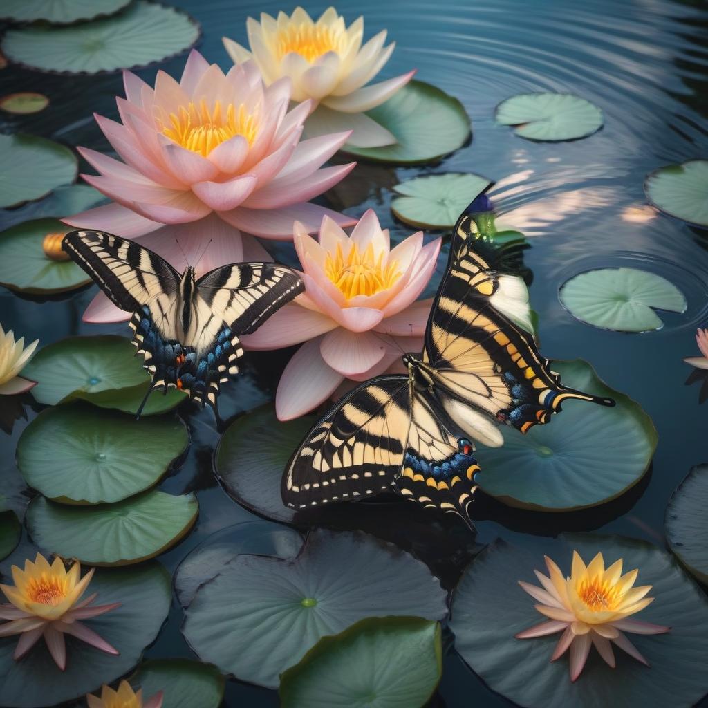  Beautiful swallowtail butterfly on water lilies hyperrealistic, full body, detailed clothing, highly detailed, cinematic lighting, stunningly beautiful, intricate, sharp focus, f/1. 8, 85mm, (centered image composition), (professionally color graded), ((bright soft diffused light)), volumetric fog, trending on instagram, trending on tumblr, HDR 4K, 8K