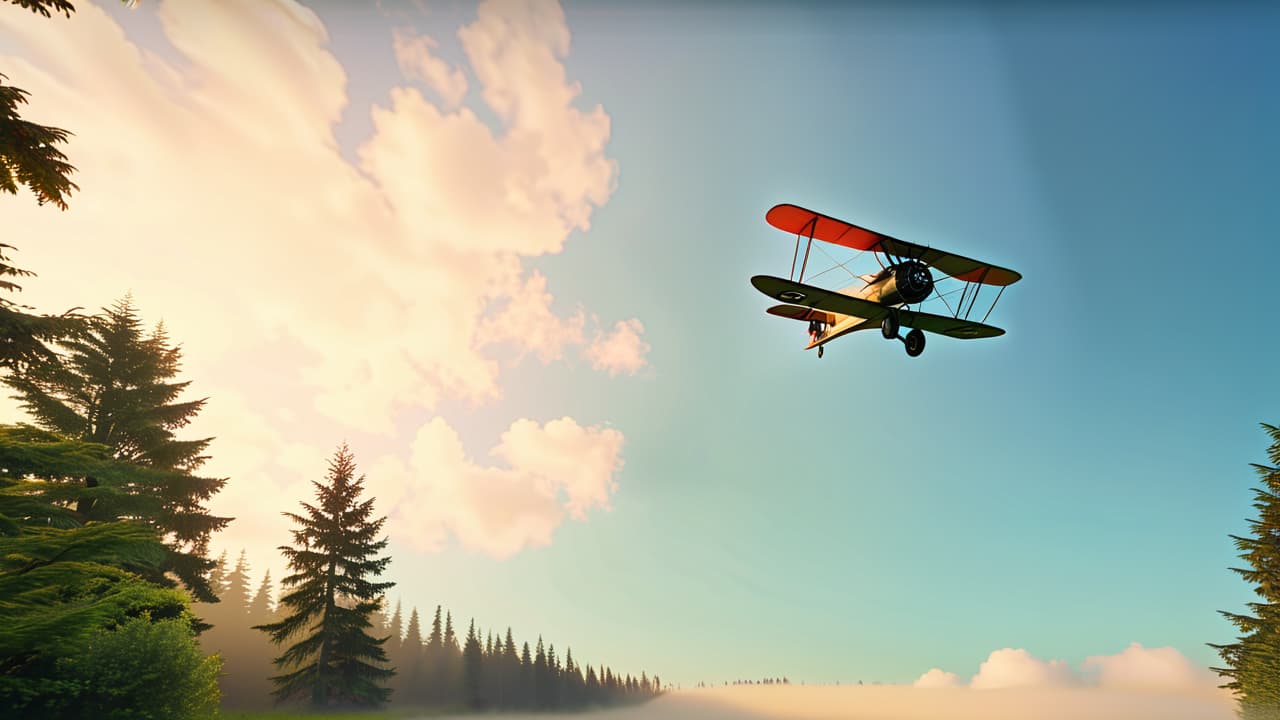  a vintage biplane soaring through a clear blue sky, with fluffy white clouds surrounding it, over a lush green landscape dotted with early 20th century homesteads and people gazing in awe below. hyperrealistic, full body, detailed clothing, highly detailed, cinematic lighting, stunningly beautiful, intricate, sharp focus, f/1. 8, 85mm, (centered image composition), (professionally color graded), ((bright soft diffused light)), volumetric fog, trending on instagram, trending on tumblr, HDR 4K, 8K