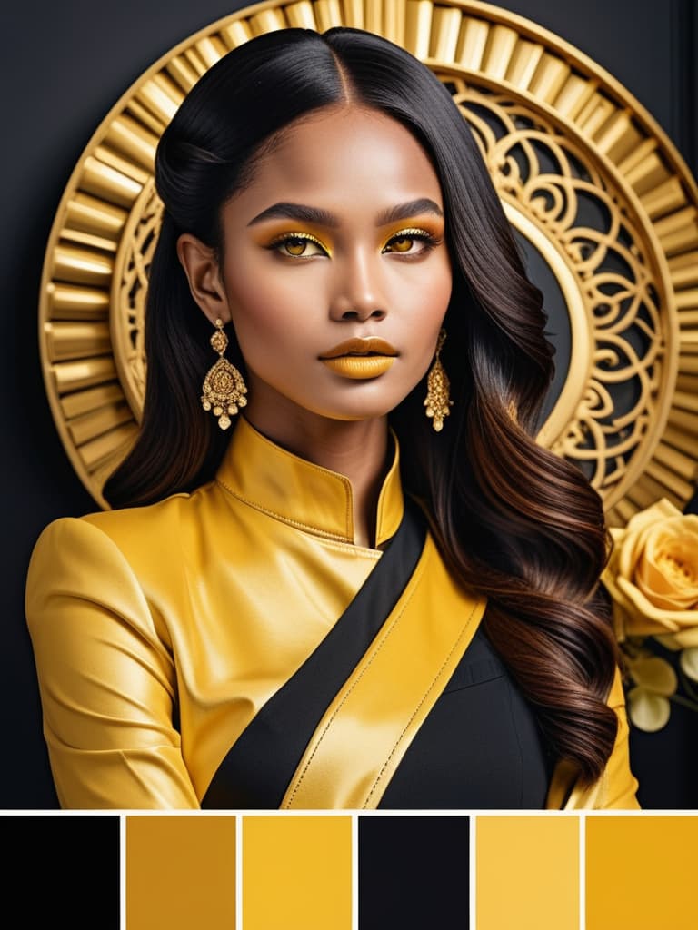  Golden yellow and sleek black color palette, captivating and inviting expression, exuding elegance and charm, magnetic beauty, intricate details, high contrast, luxurious feel, digital art, female, glossy finish, striking composition, dynamic lighting to enhance features.