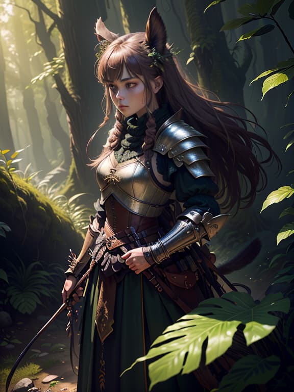  master piece, best quality, ultra detailed, highres, 4k.8k, a fierce female warrior., standing confidently with a bow in hand, surveying the surroundings., determined and focused expression., break a woman's dominance in the forest., lush, dense forest, bow, quiver, armored clothing, trees, break serene yet powerful atmosphere, shafts of sunlight penetrating through the foliage, creating spotlight effects., creature00d