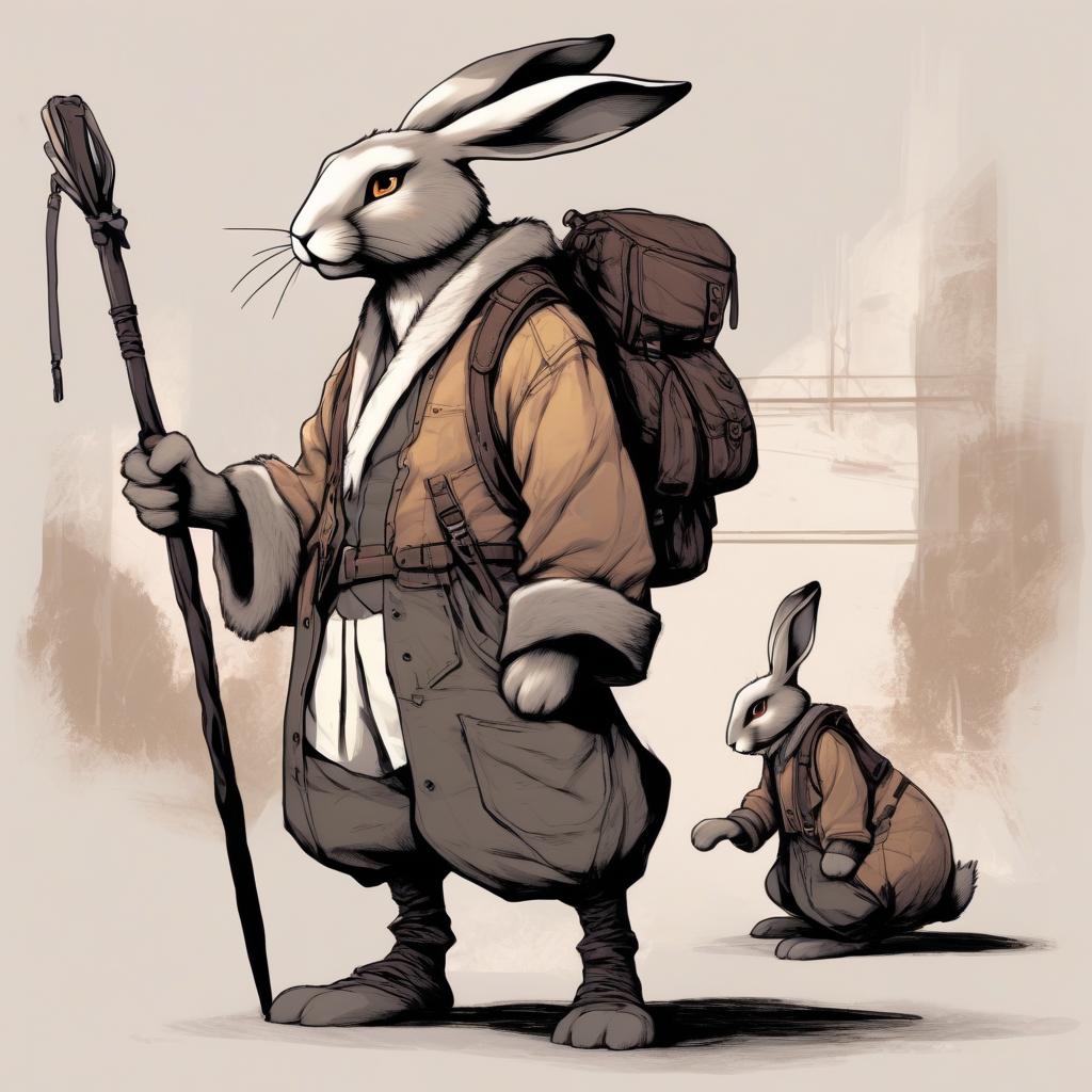  slim bunny. its fur has a gray brown hue, which helps it remain invisible in the shade. his ears are long and mobile, always alert, catching the slightest sounds of the environment. the eyes of varian are deep amber color, full of determination and inner light. he wears simple but comfortable clothing consisting of a dark vest and wide pants, allowing him to move easily.