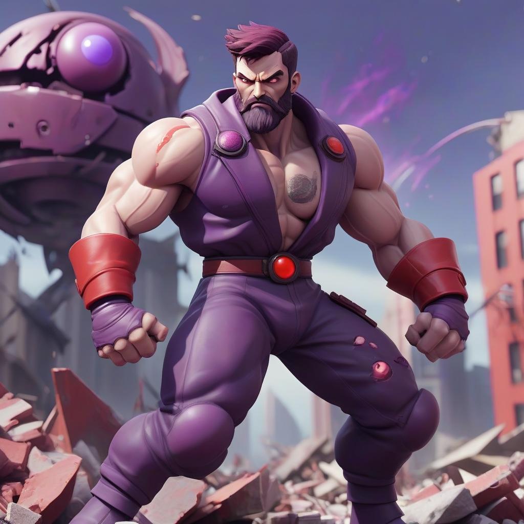  fighting game style the fallen protector of the universe is a man of lean build, with a small beard and a short haircut. the left eyeball is purple. the right eyeball is red. standing against the backdrop of a destroyed planet. possesses a powerful force of destruction. . dynamic, vibrant, action packed, detailed character design, reminiscent of fighting video games, hkmagic