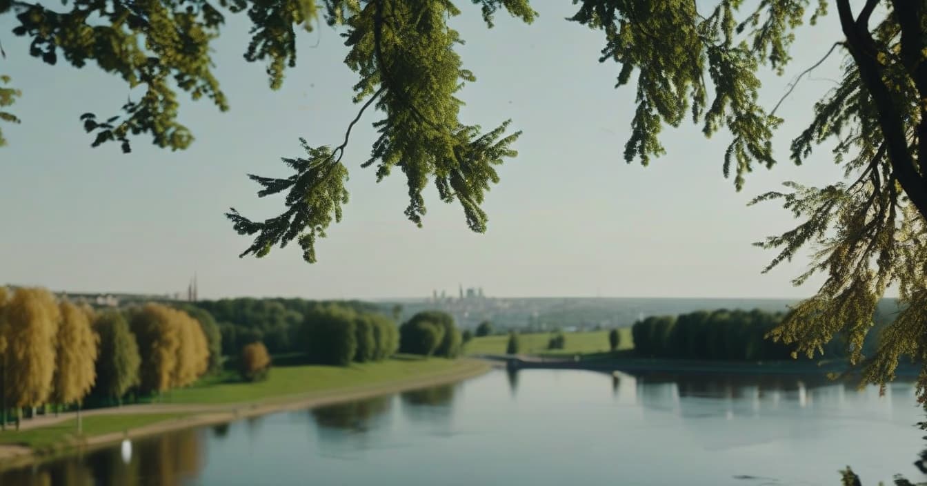  cinematic photo realistic landscape on the hill, metropolis in the distance, left and right linden trees, sunny day, park, lake reflects trees, cinematic . 35mm photograph, film, bokeh, professional, 4k, highly detailed