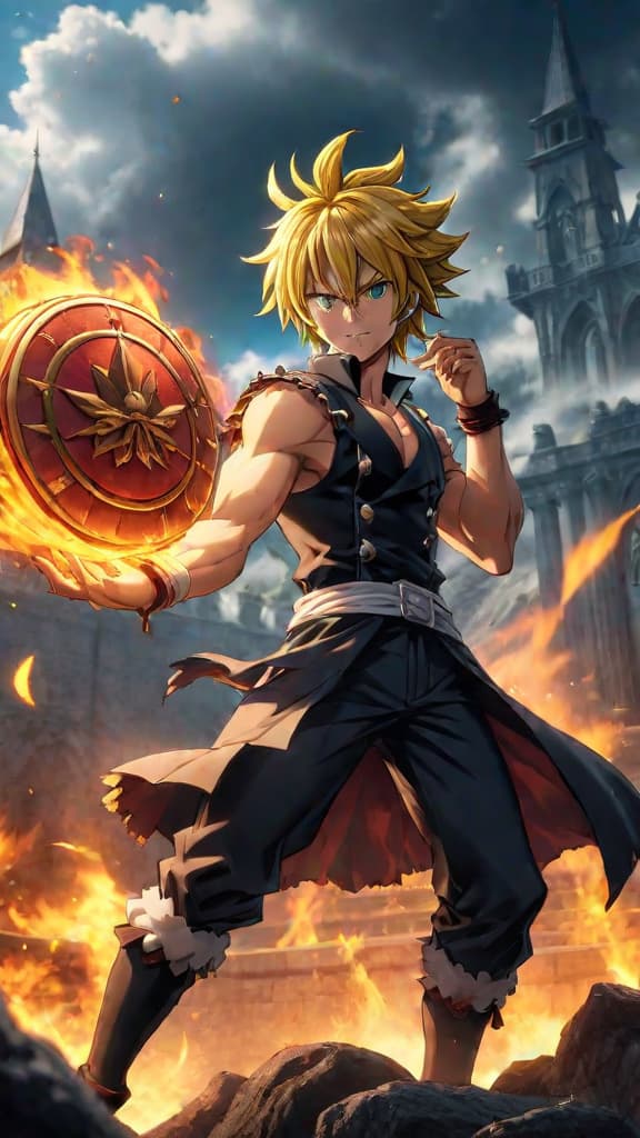  meliodas revealing his true power against galand, obliterating galand's confidence instantly, seven deadly sins, anime art hyperrealistic, full body, detailed clothing, highly detailed, cinematic lighting, stunningly beautiful, intricate, sharp focus, f/1. 8, 85mm, (centered image composition), (professionally color graded), ((bright soft diffused light)), volumetric fog, trending on instagram, trending on tumblr, HDR 4K, 8K