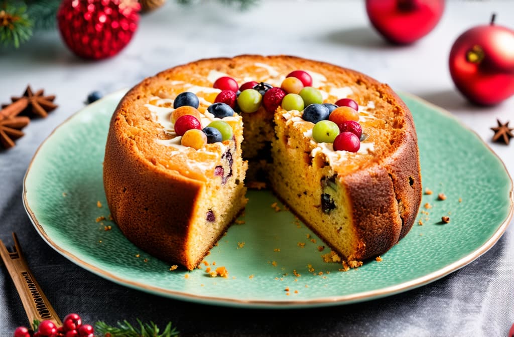  professional detailed photography, homemade christmas fruitcake with candied fruits and spices. close up. ar 3:2, (muted colors, dim colors, soothing tones), (vsco:0.3)